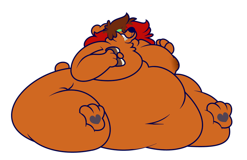 brown_fur brown_hair brown_nipples drooling female food fur green_eyes hair hyper_fat large_breast long_hair mammal multicolored_hair nipples obese overweight pawpads paws razzlespup red_hair saliva sitting solo two_tone_hair