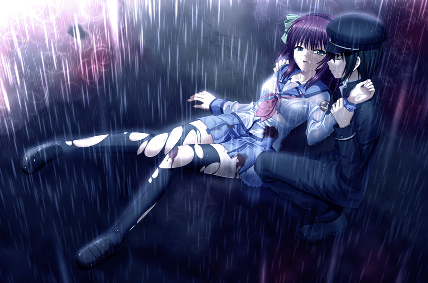 1girl angel_beats! black_hair black_legwear blood blue_skirt collarbone game_cg green_ribbon hair_ribbon hairband hat highres long_hair na-ga naoi_ayato outdoors pleated_skirt purple_hair rain ribbon shirt skirt thighhighs torn_clothes torn_legwear torn_skirt wet wet_clothes wet_hat wet_shirt white_shirt yuri_(angel_beats!)