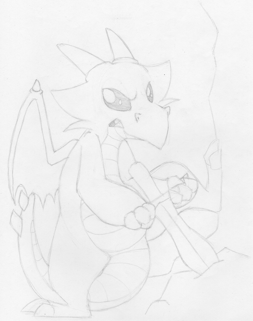 ambiguous_gender annoyed clenched_teeth dragon featureless_crotch greyscale horn melee_weapon membranous_wings mizzyam monochrome pencil_(artwork) pulling scalie sketch stone straining sword sword_in_the_stone teeth traditional_media_(artwork) weapon wings