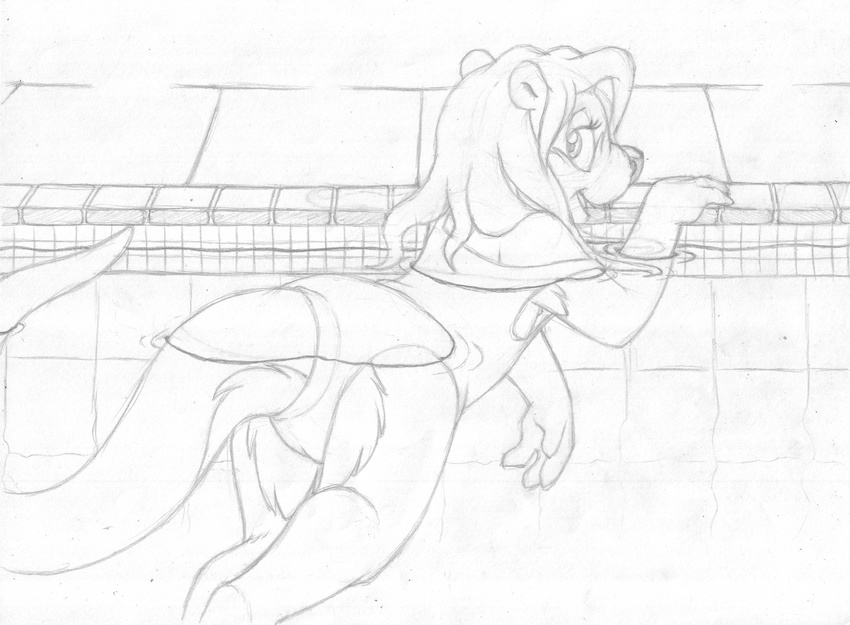 anthro camel_toe clothing cub female flaoting greyscale katie_kirster line_art looking_at_viewer looking_back mammal mizzyam monochrome mustelid one-piece_swimsuit open_mouth otter partially_submerged pencil_(artwork) rear_view seductive solo swimming_pool swimsuit traditional_media_(artwork) young