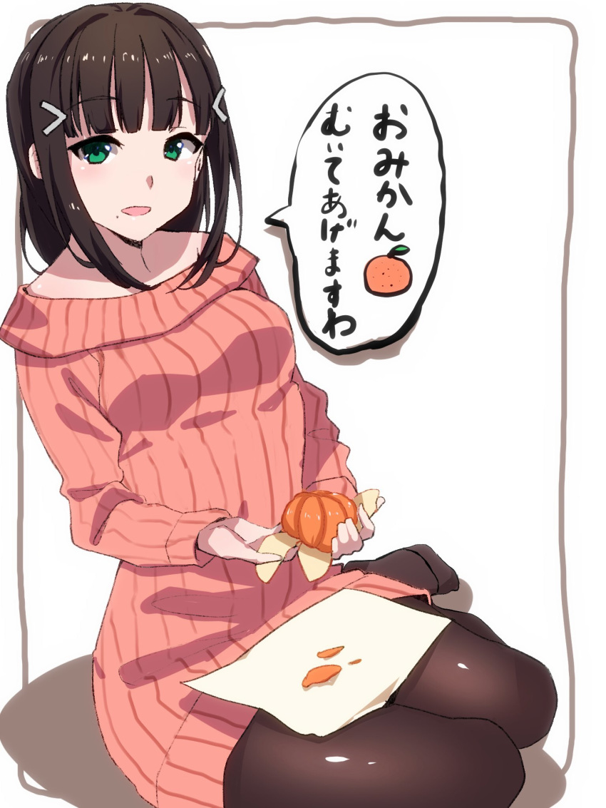 1girl bangs black_hair black_legwear blunt_bangs commentary_request dress food fruit green_eyes hair_ornament hairclip highres holding holding_food holding_fruit kurosawa_dia long_hair long_sleeves looking_at_viewer love_live! love_live!_sunshine!! mandarin_orange mole mole_under_mouth napkin no_shoes open_mouth pantyhose peeling pink_sweater ribbed_sweater sitting solo sweater sweater_dress translation_request white_background yamaori_(yamaorimon) yokozuwari