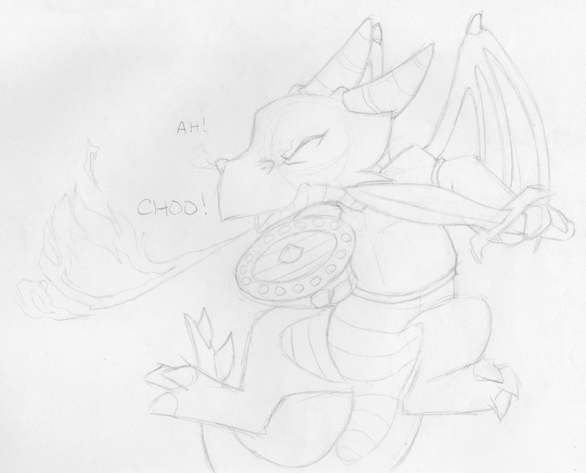 ambiguous_gender bottomless breastplate clothed clothing dragon english_text eyes_closed featureless_crotch fire fire_breathing greyscale holding_object holding_weapon horn melee_weapon membranous_wings mizzyam monochrome pencil_(artwork) scalie shield sketch sneezing sword text traditional_media_(artwork) warrior weapon wings