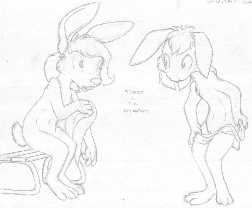 ambiguous_gender anthro barefoot barely_visible_genitalia buckteeth clothing english_text female greyscale knock-kneed lagomorph mammal mizzyam monochrome navel nude one-piece_swimsuit open_mouth pencil_(artwork) pussy rabbit sitting standing stare swimsuit tasteful_nudity teeth text towel traditional_media_(artwork)