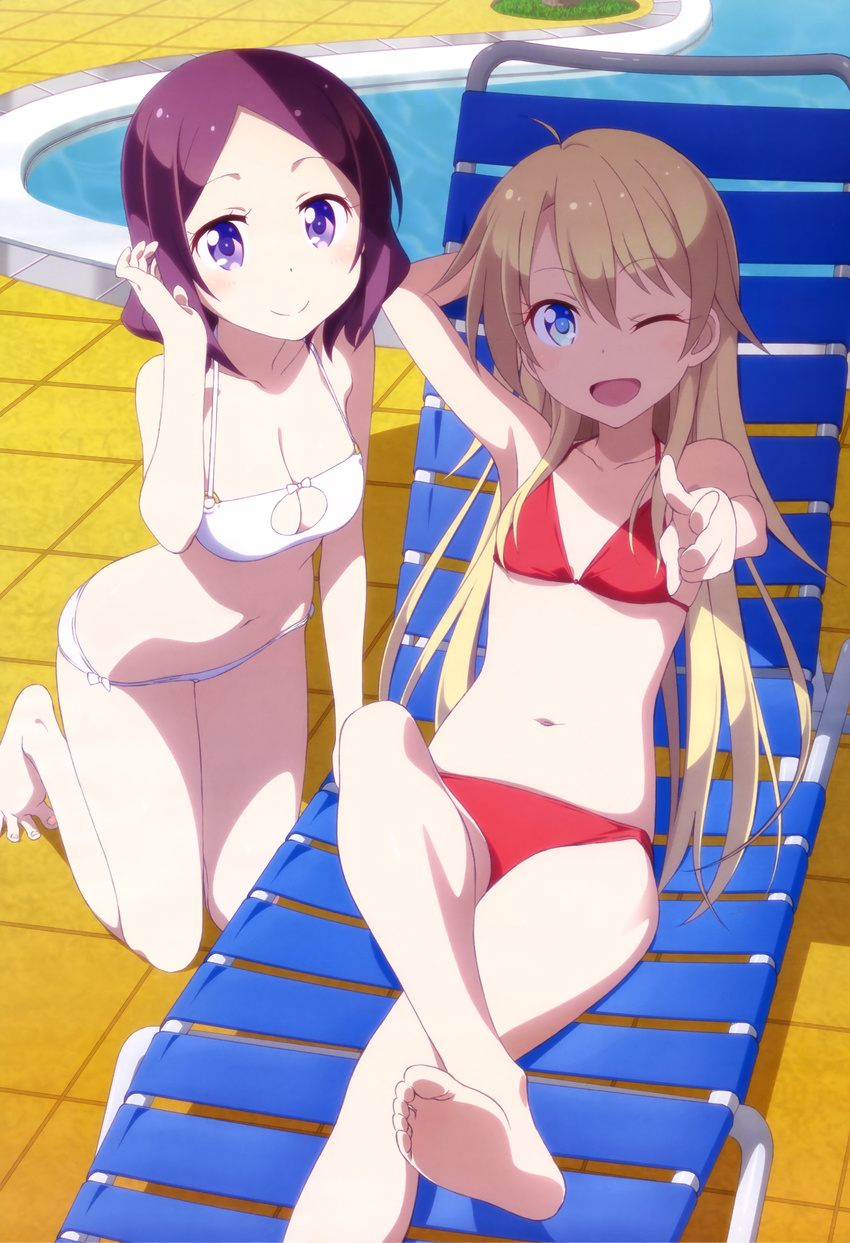 ;d absurdres arm_behind_head barefoot bikini blonde_hair blue_eyes breasts chair cleavage cleavage_cutout day feet highres kneeling long_hair looking_at_viewer lounge_chair medium_breasts multiple_girls navel new_game! nyantype official_art one_eye_closed open_mouth outdoors pool purple_eyes purple_hair red_bikini scan short_hair sitting small_breasts smile soles swimsuit tile_floor tiles tooyama_rin v water white_bikini yagami_kou