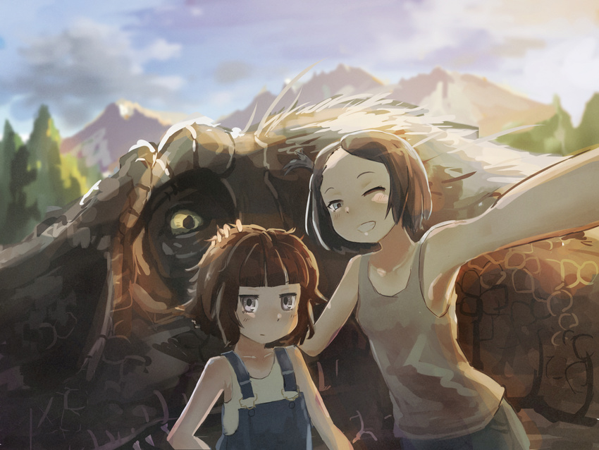 anachronism ane_(kamemaru) armpits backlighting bangs black_hair blunt_bangs blurry blush brown_hair child cloud commentary depth_of_field dinosaur forehead grey_eyes grin hand_on_another's_head highres imouto_(kamemaru) kamemaru looking_at_viewer mountain multiple_girls one_eye_closed original outstretched_arm overalls reaching_out self_shot short_hair short_ponytail side_ponytail size_difference sky smile tank_top tree tyrannosaurus_rex upper_body