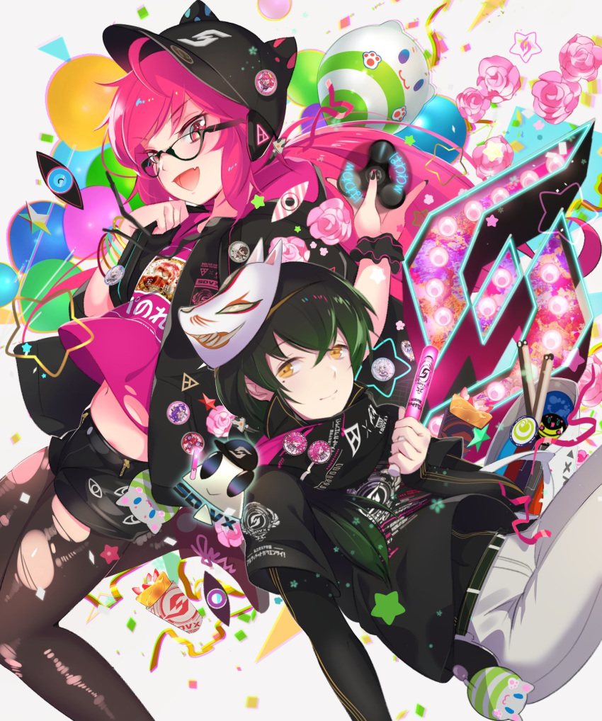 1boy 1girl ahoge balloon belt bespectacled black_jacket black_shirt black_wristband closed_mouth crepe deux_saint-co_pilica fangs fidget_spinner flower food fox_mask fruit glasses grace_(sound_voltex) highres holding jacket kyoubate_haruka lace-up_shoes light_stick mask mask_on_head navel open_mouth pants pink_shirt rasis shirt shirt_under_jacket shoes smile sound_voltex stomach strawberry tamaneko_(sound_voltex) torn_clothes torn_legwear tsumabuki white_pants