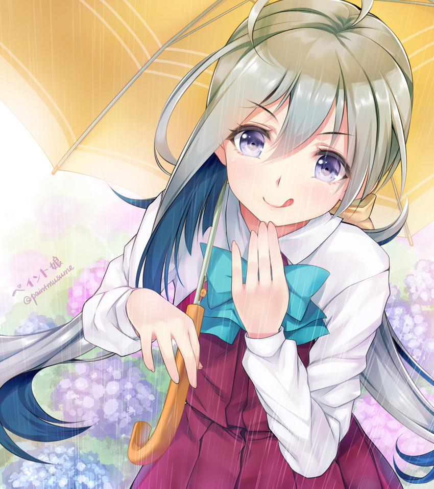 ahoge bangs blue_eyes blush flower hair_between_eyes highres hydrangea kantai_collection kiyoshimo_(kantai_collection) licking_lips long_hair long_sleeves looking_at_viewer multicolored_hair outdoors rain school_uniform silver_hair skirt smile solo tongue tongue_out twintails twitter_username two-tone_hair umbrella very_long_hair wet wet_clothes youqiniang