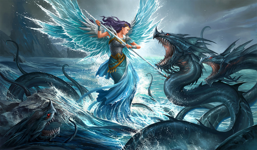 angel clothing female feral hair humanoid open_mouth outside purple_hair reptile sandara scalie sea snake tagme teeth water water_wings weapon