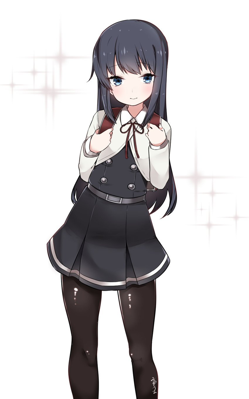 asashio_(kantai_collection) backpack bag belt black_hair black_legwear blue_eyes buttons cowboy_shot dress eyebrows eyebrows_visible_through_hair flat_chest highres kantai_collection long_hair looking_at_viewer mitsudoue neck_ribbon pantyhose pinafore_dress randoseru red_ribbon remodel_(kantai_collection) ribbon school_uniform shiny shiny_clothes signature simple_background smile solo white_background