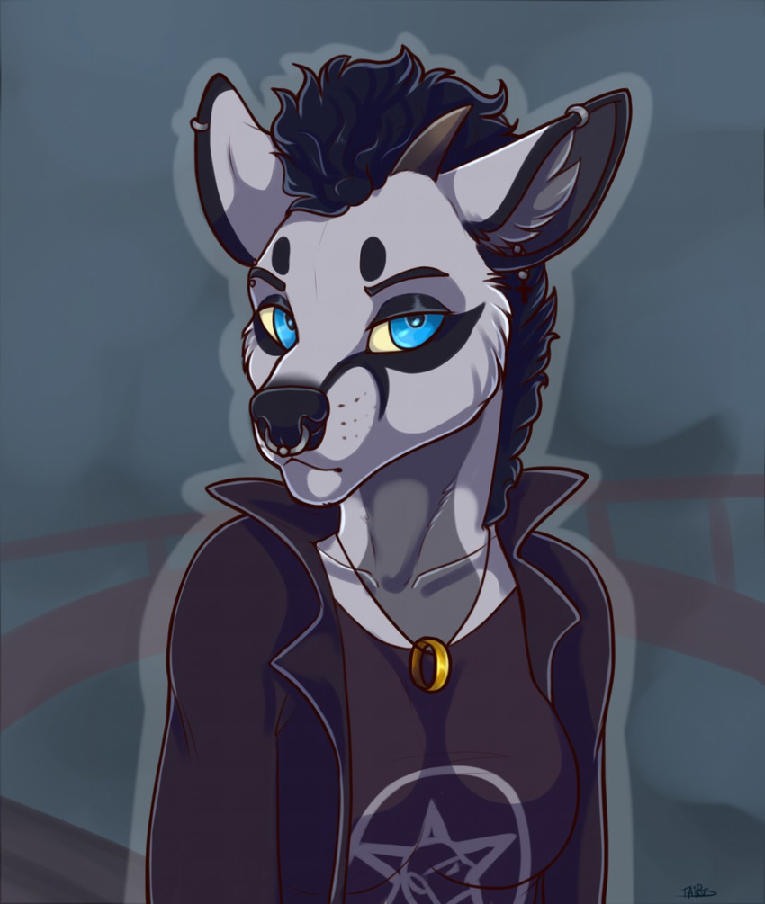 anthro canine clothed clothing ear_piercing facial_piercing half-closed_eyes jewelry kellwolfik looking_at_viewer male mammal necklace nose_piercing open_jacket piercing simple_background solo