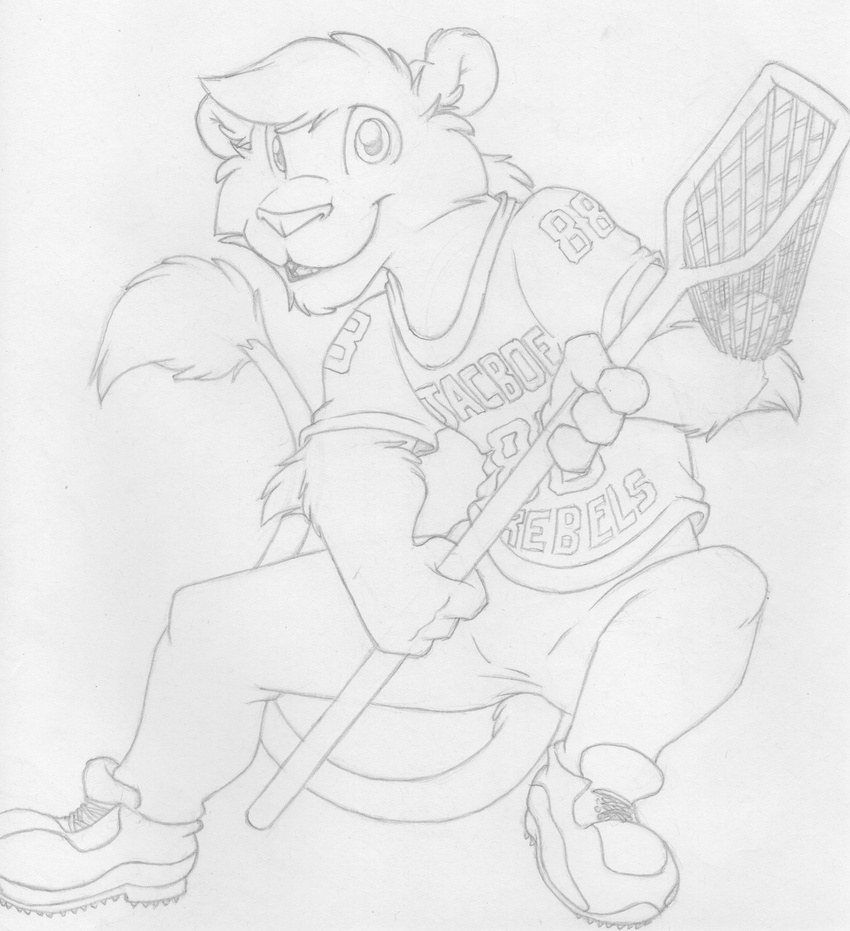 action_pose anthro bottomless clothed clothing featureless_crotch feline front_view greyscale jersey lacrosse lacrosse_stick line_art lion looking_at_viewer male mammal mizzyam monochrome pencil_(artwork) smile sneakers solo traditional_media_(artwork)