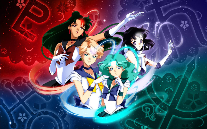 aqua_hair bishoujo_senshi_sailor_moon black_choker black_hair blonde_hair blue_eyes blue_sailor_collar choker collarbone crystal_earrings drachea_rannak earrings elbow_gloves gloves green_eyes green_hair hair_bun highres jewelry kaiou_michiru lipstick long_hair makeup meiou_setsuna multiple_girls neptune_symbol outer_senshi pleated_skirt pluto_symbol purple_eyes red_eyes red_lipstick sailor_collar sailor_neptune sailor_pluto sailor_saturn sailor_senshi sailor_senshi_uniform sailor_uranus saturn_symbol short_hair skirt smile tan ten'ou_haruka tomoe_hotaru uranus_symbol very_short_hair white_gloves