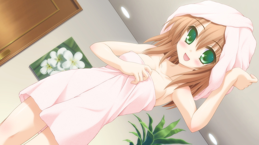 1girl aoigiri_kotono blush brown_hair canvas_4 female game_cg green_eyes highres kannon_ouji open_mouth short_hair smile solo towel