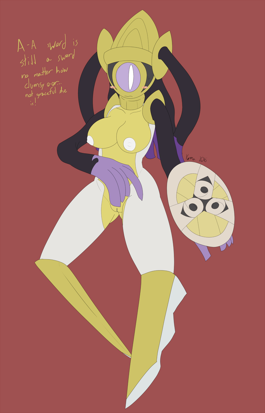 aegislash animate_inanimate anthro black_body blush english_text female kawmapkarma nintendo nipples pok&eacute;mon purple_body purple_eyes pussy red_background shield simple_background solo text video_games white_areola white_body white_nipples white_pupils yellow_body