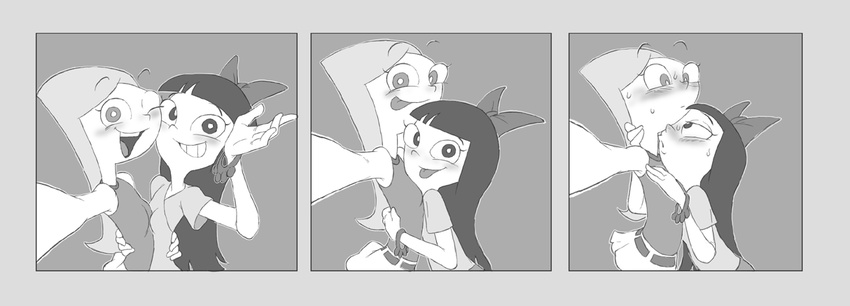2girls blush breasts candace_flynn disney long_hair monochrome multiple_girls phineas_and_ferb stacy_hirano