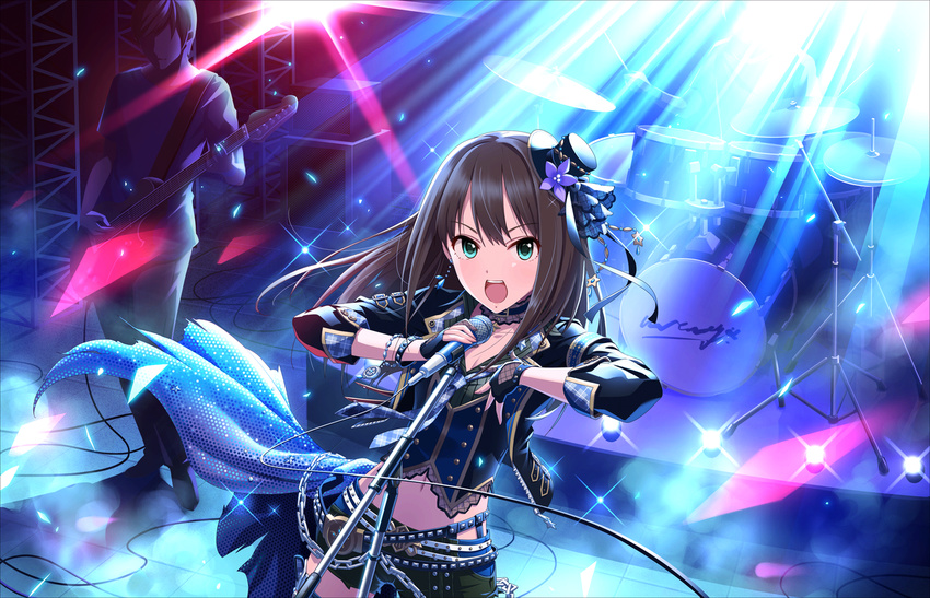 2boys artist_request bracelet brown_hair drum drum_set earrings faceless faceless_male fingerless_gloves gloves green_eyes guitar hat idolmaster idolmaster_cinderella_girls idolmaster_cinderella_girls_starlight_stage instrument jewelry long_hair microphone microphone_stand mini_hat mini_top_hat multiple_boys official_art over_myself_(idolmaster) shibuya_rin solo_focus top_hat