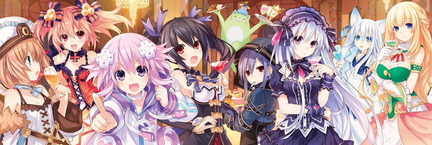 alyn_(fairy_fencer_f) animal_ears blanc choker crossover dress drink dualscreen effole fairy_fencer_f food hat headdress hoodie hyperdimension_neptunia karin_(fairy_fencer_f) neptune noire photoshop ribbons sword tagme tiara_(fairy_fencer_f) tsunako vert weapon