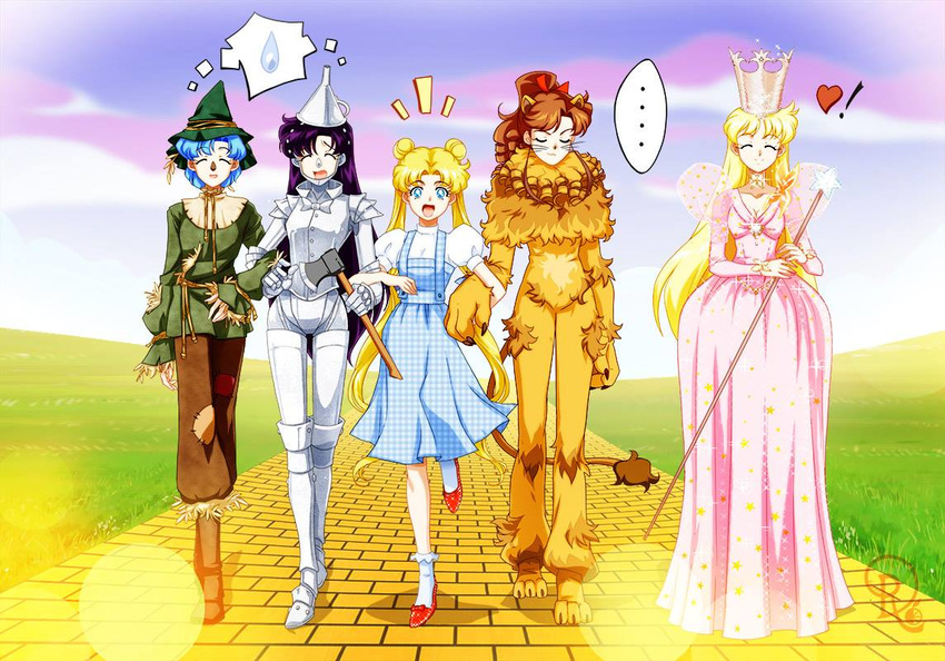 ... 5girls :d aino_minako animal_costume animal_ears axe bishoujo_senshi_sailor_moon blonde_hair blue_eyes blue_hair breasts brown_hair cleavage closed_eyes cosplay cowardly_lion cowardly_lion_(cosplay) crown dorothy_gale dorothy_gale_(cosplay) double_bun drachea_rannak dress glinda glinda_(cosplay) good_witch_of_the_north good_witch_of_the_north_(cosplay) hat heart hino_rei holding holding_axe kino_makoto lion_costume locked_arms long_hair medium_breasts mizuno_ami multiple_girls open_mouth parody ponytail purple_hair scarecrow_(twooz) scarecrow_(twooz)_(cosplay) short_hair smile staff sweatdrop tail the_wizard_of_oz tin_man tin_man_(cosplay) tsukino_usagi twintails very_long_hair weapon whiskers