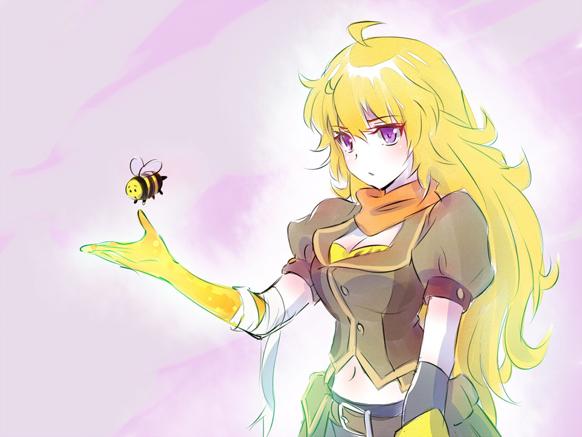 adventure_time animal bandages bee blonde_hair breasts breezy bug commentary_request crossover iesupa insect long_hair medium_breasts purple_eyes rwby spoilers yang_xiao_long