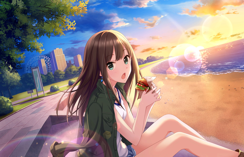 artist_request beach brown_hair building cloud earrings food green_eyes green_jacket hamburger idolmaster idolmaster_cinderella_girls idolmaster_cinderella_girls_starlight_stage jacket jewelry lens_flare long_hair necklace ocean official_art outdoors over_myself_(idolmaster) sand shibuya_rin sky solo sparkle tree water