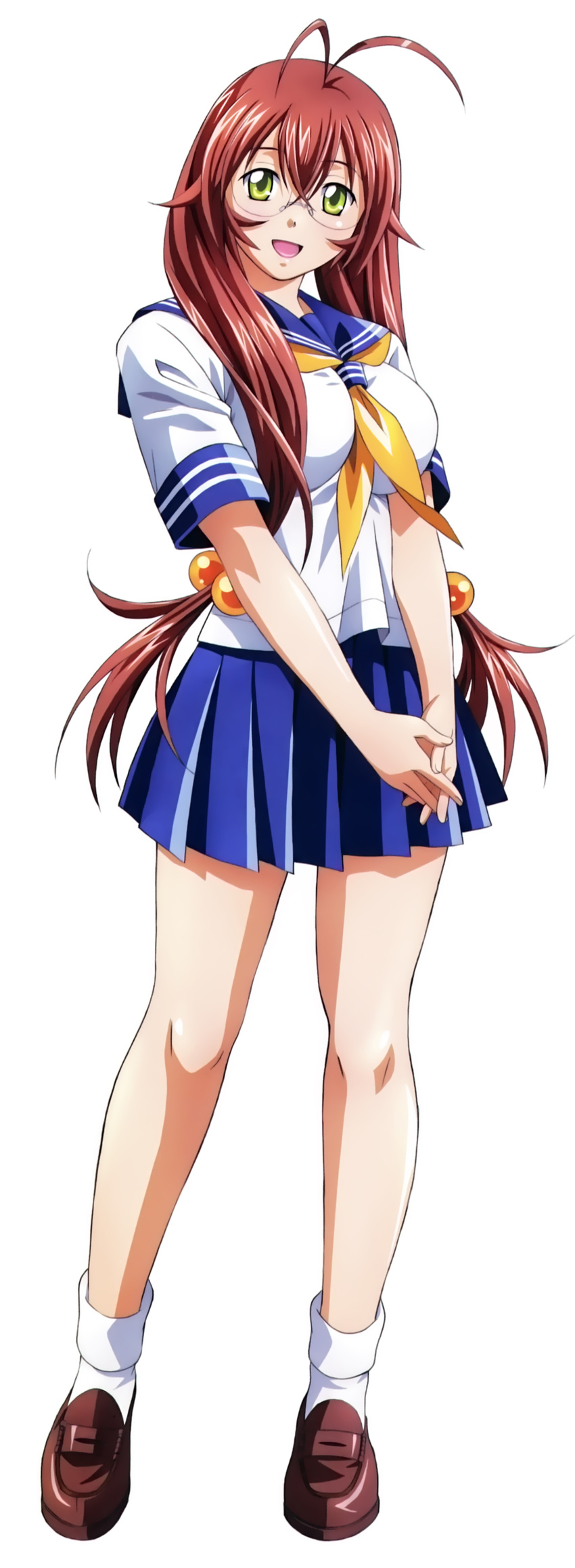 1girl breasts brown_hair female glasses green_eyes ikkitousen legs long_hair looking_at_viewer ryuubi_gentoku school_uniform shoes skirt solo uniform