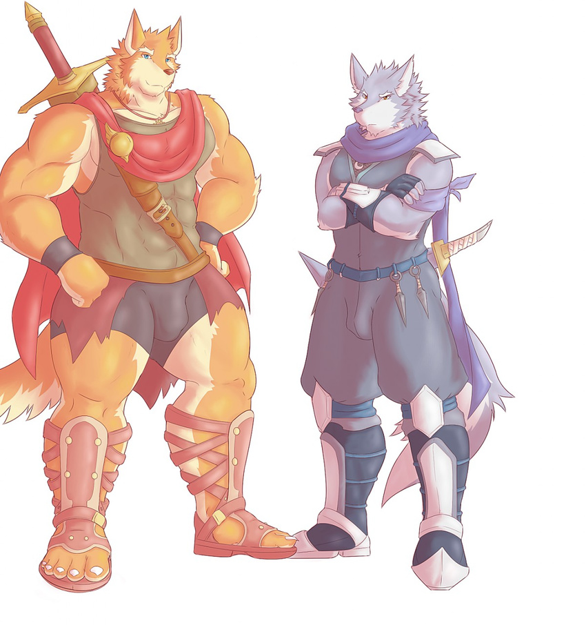 2015 5_fingers 5_toes abs alternate_version_available anthro armor blue_eyes brown_nose bulge canine colored crossed_arms duo fur grey_fur grey_nose hands_on_hips hati-skm hati_(hati-skm) hi_res kunai looking_at_viewer male mammal melee_weapon multicolored_fur neckless orange_fur scarf simple_background skoll_(hati-skm) smile smirk standing sword tagme tan_fur toes two_tone_fur unconvincing_armor weapon white_background white_fur white_sclera wolf yellow_eyes