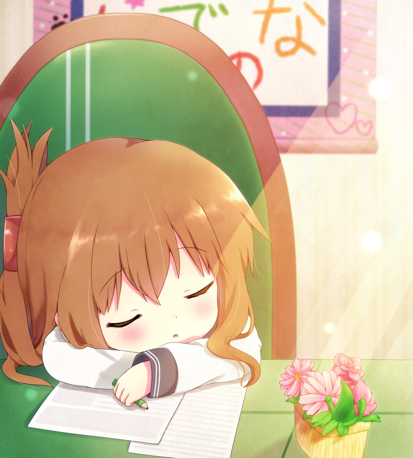 arms_on_table blush brown_hair chair closed_eyes commentary_request desk flower folded_ponytail head_on_arm head_rest highres inazuma_(kantai_collection) indoors kantai_collection kirizuki_riko light_rays long_sleeves open_mouth paper pencil plant potted_plant school_uniform serafuku sleeping solo sunbeam sunlight