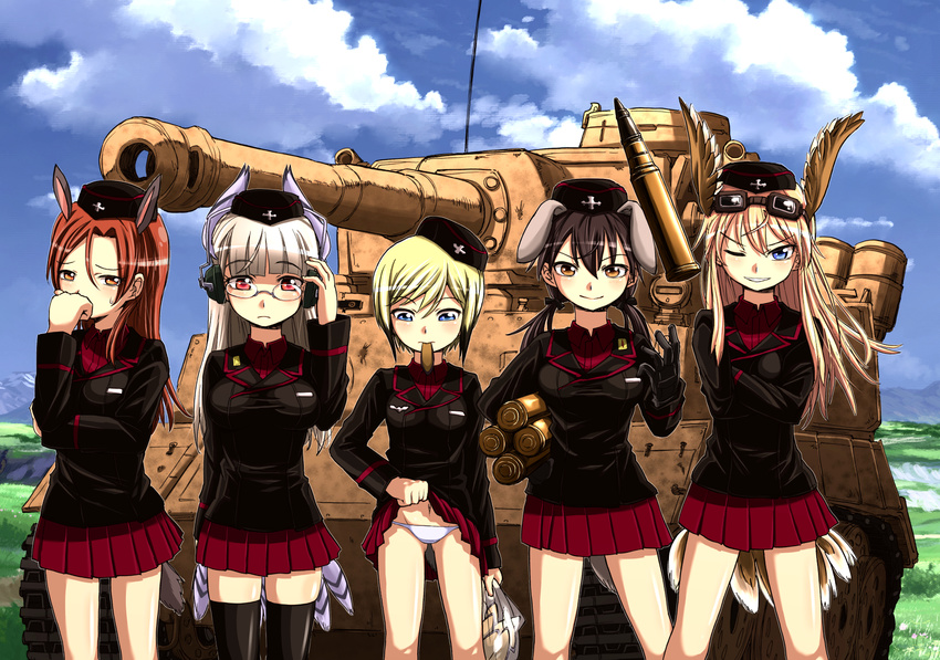 animal_ears bag bird_tail black_gloves blonde_hair blue_eyes brown_eyes brown_hair cloud cloudy_sky cosplay country_connection covering_mouth day dog_ears dog_tail erica_hartmann garrison_cap gertrud_barkhorn girls_und_panzer glasses gloves goggles goggles_on_head grin ground_vehicle hanna-justina_marseille hat head_wings headphones heidimarie_w_schnaufer highres long_hair low_twintails military military_uniform military_vehicle minna-dietlinde_wilcke motor_vehicle mouth_hold multiple_girls navel one_eye_closed panties red_eyes red_hair red_skirt short_hair silver_hair skirt skirt_lift sky smile strike_witches sweatdrop tail tank tank_shell thighhighs twintails underwear uniform white_panties wolf_ears wolf_tail world_witches_series zatou_(kirsakizato)