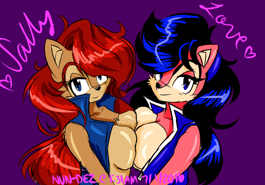 2016 absurd_res anthro black_hair blue_eyes breast_squish breasts breasts_frottage chipmunk clothing duo female female/female hair hi_res long_hair looking_at_viewer mammal nundez purple_background red_hair rodent sally_acorn selfcest side_boob simple_background smile sonic_(series) square_crossover text vest