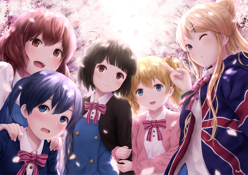 :d alice_cartelet arm_grab artist_name black_hair blonde_hair blue_eyes blue_hair blush bob_cut bow bowtie brown_eyes brown_hair cardigan cherry_blossoms closed_mouth collared_shirt hair_bun hair_ornament hairpin hands_on_another's_shoulders head_tilt inokuma_youko jacket kin-iro_mosaic komichi_aya kujou_karen long_hair long_sleeves looking_at_viewer multiple_girls oomiya_shinobu open_cardigan open_clothes open_jacket open_mouth outdoors papi_(papiron100) petals puckered_lips purple_eyes red_bow red_neckwear school_uniform shirt short_hair smile striped striped_bow striped_neckwear twintails union_jack wavy_mouth white_shirt wing_collar x_hair_ornament