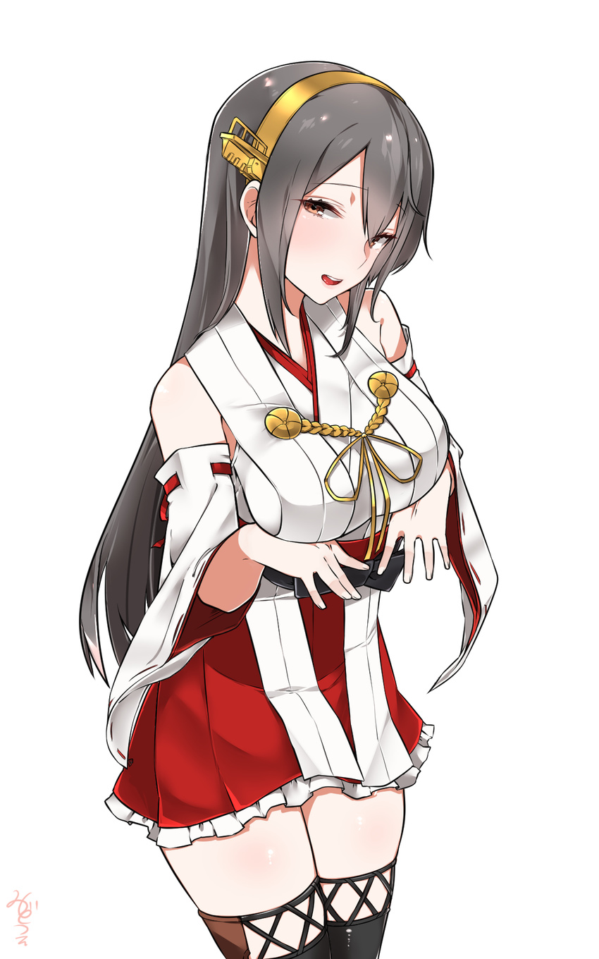 bare_shoulders black_hair black_legwear breasts cowboy_shot detached_sleeves hair_between_eyes haruna_(kantai_collection) highres japanese_clothes kantai_collection large_breasts lips long_hair looking_at_viewer miniskirt mitsudoue nontraditional_miko open_mouth red_skirt signature simple_background skirt sleeves_rolled_up solo thighhighs white_background wide_sleeves yellow_eyes zettai_ryouiki