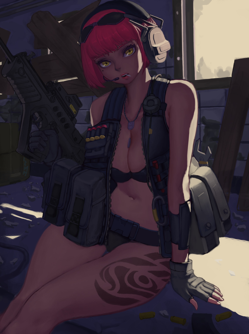 arm_at_side arm_support assault_rifle asymmetrical_gloves backlighting bad_id bad_pixiv_id bag bangs bare_shoulders between_breasts bikini black_bikini blunt_bangs boarded_windows bob_cut breasts buckle bullet bullpup cable candy cleavage debris eotech eyelashes eyewear_on_head finger_on_trigger fingerless_gloves food food_in_mouth gloves gun headphones headset highres holding holding_gun holding_weapon imi_tavor_tar-21 large_breasts leg_tattoo load_bearing_vest lollipop looking_at_viewer magazine_(weapon) microphone mole mole_under_eye mouth_hold navel original pink_hair pink_lips plank rifle seung_mo_kim shade shell_casing short_hair sitting sleeveless snap-fit_buckle solo stomach sunglasses swimsuit tattoo thigh_gap tools unzipped weapon window wood wrench yellow_eyes