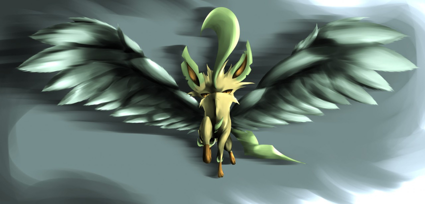 2015 ambiguous_gender blue_background blue_feathers brown_fur eeveelution feathered_wings feathers feral fur green_fur leafeon looking_at_viewer minami_juuji nintendo nude pok&eacute;mon simple_background solo video_games wings yellow_eyes