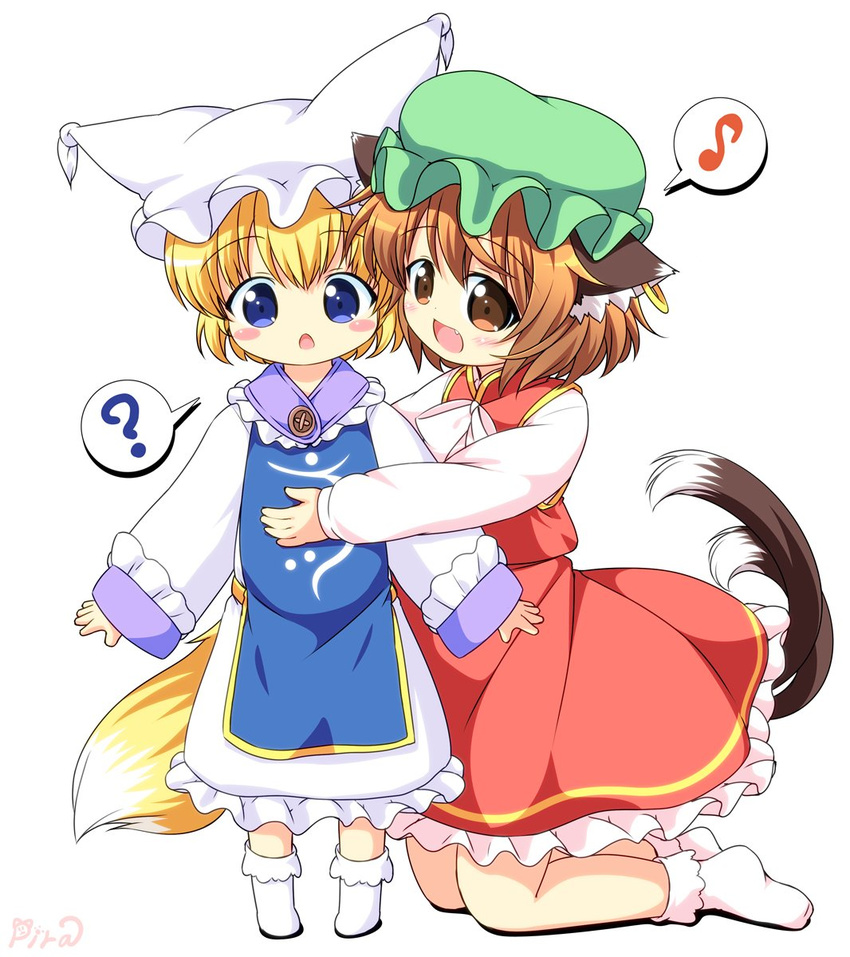 :d :o ? animal_ears blonde_hair blue_eyes brown_eyes brown_hair cat_ears cat_tail chen commentary eighth_note fang fox_tail hat highres long_sleeves mob_cap multiple_girls multiple_tails musical_note nekomata open_mouth pila-pela pillow_hat short_hair smile spoken_musical_note spoken_question_mark tabard tail touhou two_tails yakumo_ran younger