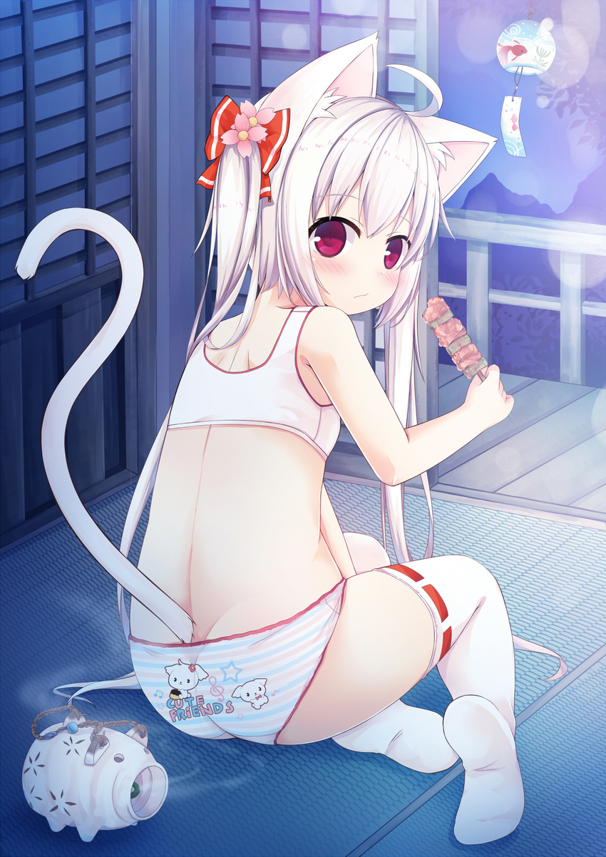 animal_ears bra cat_ears cat_tail food from_behind highres long_hair looking_back original panties red_eyes sakuraba_hikaru_(loveindog) silver_hair solo striped striped_panties sugimura_runa tail thighhighs underwear underwear_only white_bra white_legwear