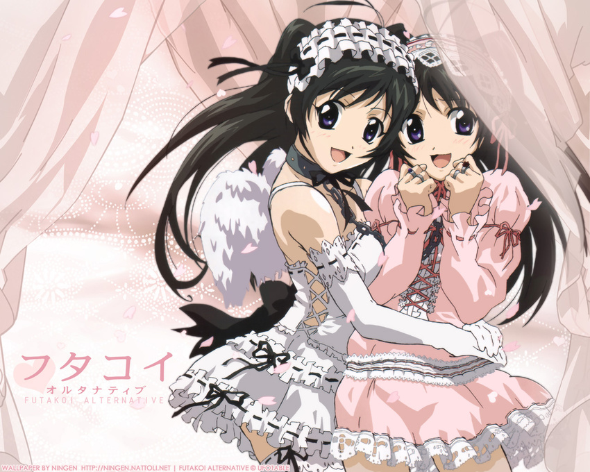 ahoge angel_wings arms_around_waist artist_request black_hair chain choker copyright_name cowboy_shot dress elbow_gloves frilled_dress frills futakoi gloves gothic_lolita hairband happy hug jewelry lolita_fashion lolita_hairband long_hair long_sleeves multiple_girls pink_dress purple_eyes ribbon-trimmed_clothes ribbon-trimmed_gloves ribbon-trimmed_hairband ribbon-trimmed_sleeves ribbon_trim ring sakurazuki_kira sakurazuki_yura siblings sisters thighhighs twins wallpaper white_dress white_gloves white_legwear wings