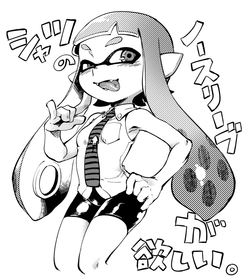 bangs bike_shorts blunt_bangs blush collared_shirt cowboy_shot domino_mask fangs greyscale half-closed_eyes hand_on_hip highres inkling long_hair looking_at_viewer mask monochrome nanboku necktie open_mouth pointy_ears shirt sleeveless sleeveless_shirt smile solo splatoon_(series) splatoon_1 standing striped tentacle_hair translated