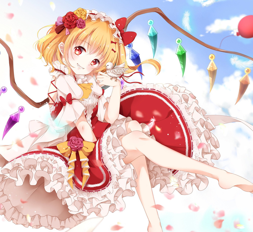 animal animal_on_hand balloon barefoot bird blonde_hair blue_sky cloud day dress feathers flandre_scarlet flower frilled_dress frills hair_flower hair_ornament highres mumu-crown petals petticoat red_eyes short_hair sky smile solo touhou white_feathers