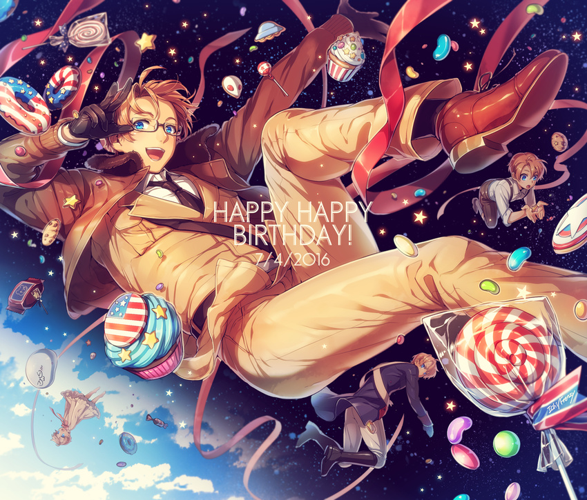 4boys alien america_(hetalia) american_flag axis_powers_hetalia belt birthday blonde_hair blue_eyes candy child circus66 commentary_request cupcake dated doughnut food fourth_of_july glasses gloves hamburger happy_birthday jacket jelly_bean lollipop male_focus multiple_boys multiple_persona necktie open_mouth sam_browne_belt smile solo_focus tony_(hetalia) ufo v younger