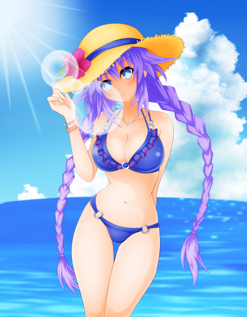 absurdres bikini blue_bikini blue_eyes blush braid breasts cleavage frilled_bikini frills hair_ornament hat highres kyou large_breasts long_hair looking_at_viewer navel neptune_(series) ocean purple_hair purple_heart smile solo straw_hat sun swimsuit symbol-shaped_pupils twin_braids very_long_hair water