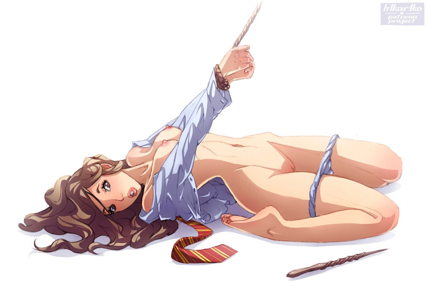 1girl areolae artist_name breasts brown_eyes brown_hair feet h1kar1ko harry_potter hermione_granger long_hair navel nipples open_shirt panties parted_lips pussy restrained soles solo tie toes white_background