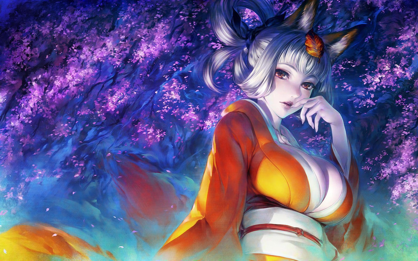 animal_ears breasts cherry_blossoms duplicate finger_to_mouth fox_ears highres japanese_clothes kimono kongiku large_breasts leaf leaf_on_head lipstick looking_at_viewer makeup oboro_muramasa purple_lipstick red_eyes silver_hair simosi tied_hair