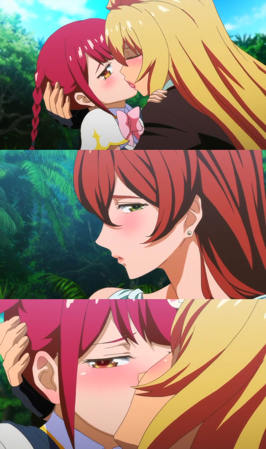 3girls blonde_hair blush couple dress earring embarrassed eyes_closed hiiragi_akira kiss long_hair looking_at_another multiple_girls pigtails pink_hair red_hair screencap shikishima_mirei tokonome_mamori valkyrie_drive valkyrie_drive_-mermaid- yellow_eyes yuri