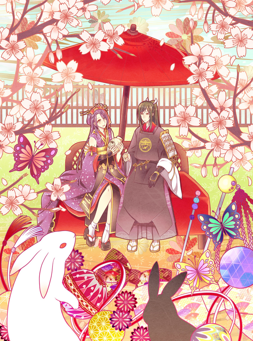 armor black_hair bow branch bug bunny butterfly cherry_blossoms comb detached_sleeves flower gourd hair_bow hair_flower hair_ornament hair_stick hakama highres insect japanese_armor japanese_clothes jirou_tachi male_focus moegi_(honey_122) multiple_boys open_mouth oriental_umbrella petals ponytail sandals shoulder_armor sitting smile sode tabi tarou_tachi touken_ranbu umbrella yellow_eyes