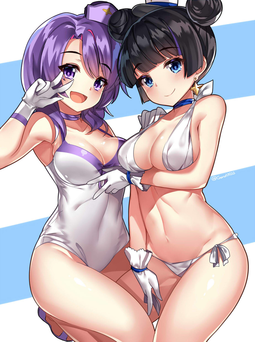 :d artist_name bangs bare_legs bikini black_hair blue_choker blue_eyes blunt_bangs blush breast_hold breasts casual_one-piece_swimsuit choker cleavage closed_mouth collarbone cowboy_shot double_bun earrings gendo0032 gloves grey_swimsuit hand_gesture hand_on_another's_shoulder hands_up hat highres houkago_no_pleiades itsuki_(houkago_no_pleiades) jewelry leg_up looking_at_viewer medium_breasts mini_hat multiple_girls nanako_(houkago_no_pleiades) navel no_legwear one-piece_swimsuit open_mouth purple_eyes purple_footwear purple_hair purple_hat shoes short_hair side-tie_bikini smile standing standing_on_one_leg star star_earrings stomach swimsuit thighs twitter_username two-tone_background v_over_eye white_bikini white_gloves white_hat white_swimsuit