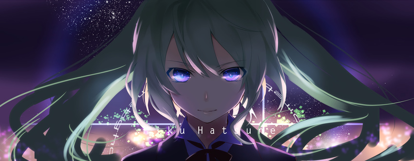 bow close dualscreen green_hair hatsune_miku long_hair purple_eyes twintails vocaloid waifu2x yuuki_kira