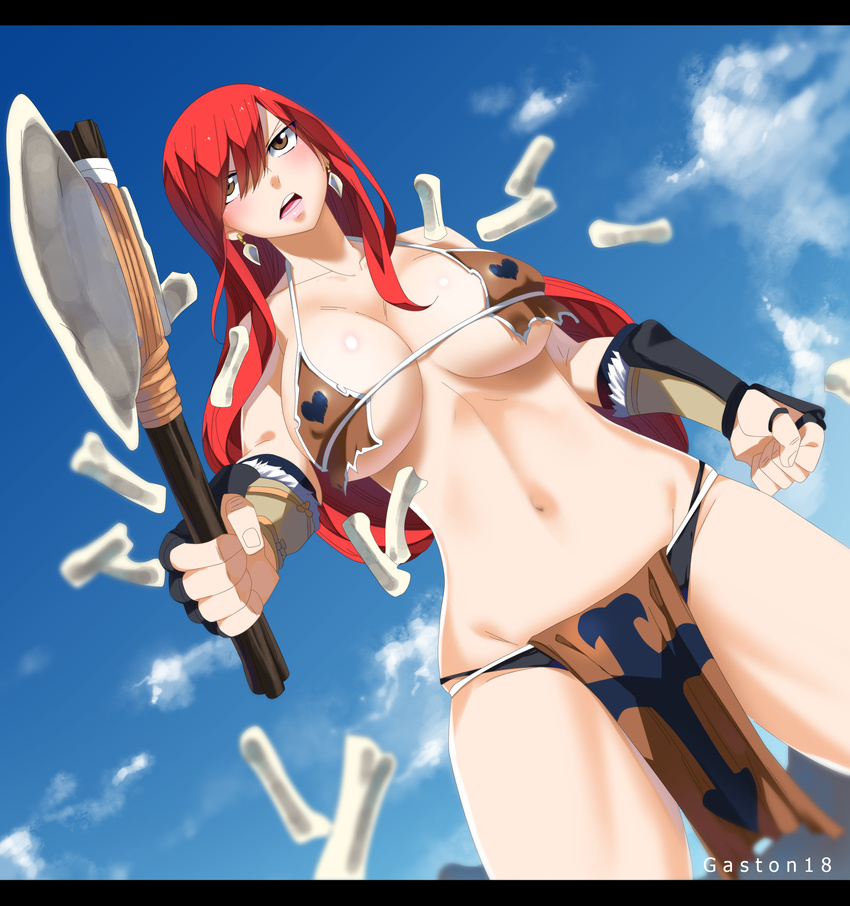 absurdres axe bikini_top black_panties blue_sky bone breasts breasts_apart brown_eyes clenched_hands cloud colorized cowboy_shot day dutch_angle earrings erza_scarlet fairy_tail gaston18 gauntlets hair_between_eyes heart highres holding holding_axe holding_weapon jewelry large_breasts letterboxed lips loincloth long_hair looking_afar mashima_hiro navel open_mouth panties pelvic_curtain red_hair skindentation sky solo standing stomach tsurime underwear weapon