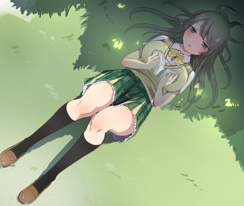 absurdres battle_girl_high_school black_legwear blush book bow bowtie breasts commentary_request from_above full_body grass green_eyes grey_hair highres holding holding_book knee_blush kneehighs knees_up loafers long_hair lying medium_breasts on_back open_mouth outdoors ravejaeger reading school_uniform shadow shoes short_sleeves skirt sleepy solo tokiwa_kurumi vest