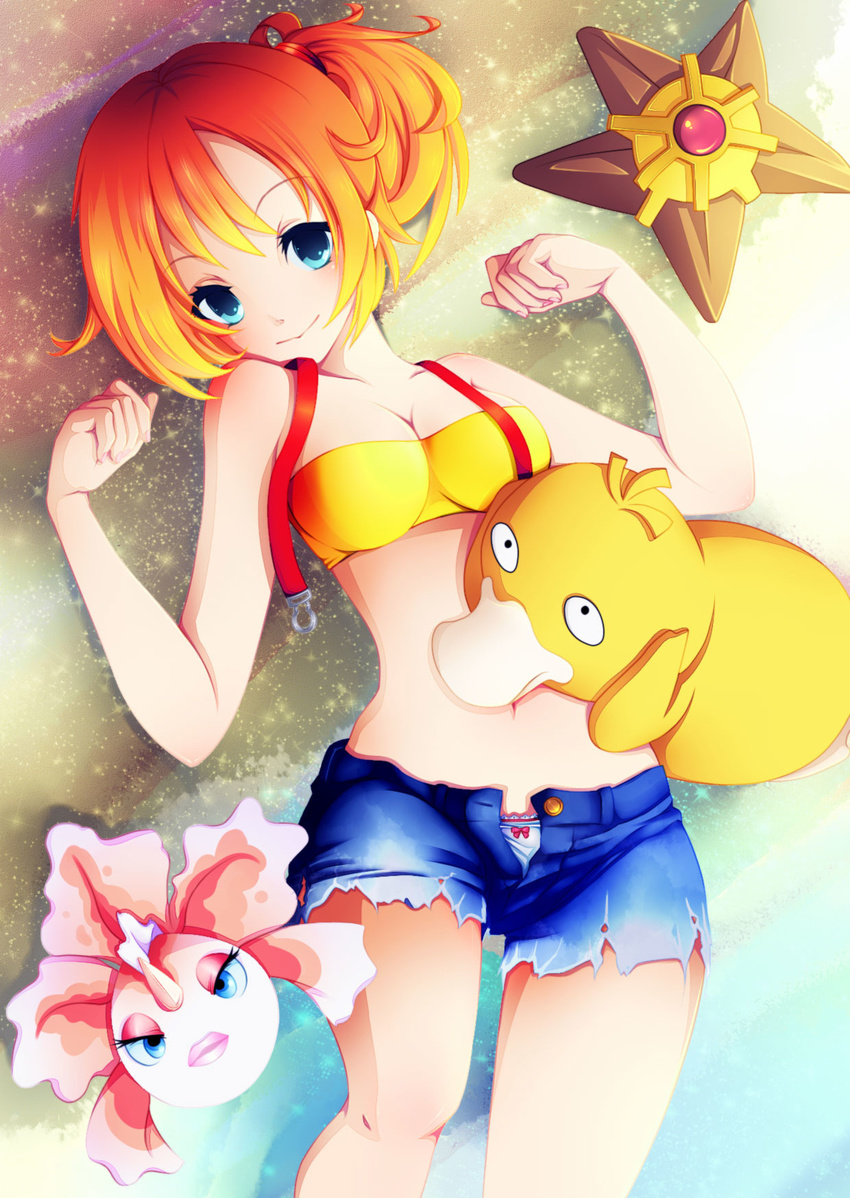 bandeau beach blue_eyes bow bow_panties breasts cleavage denim denim_shorts gen_1_pokemon goldeen highres kasumi_(pokemon) kogane-chan looking_at_viewer lying medium_breasts navel orange_hair panties pokemon pokemon_(anime) pokemon_(classic_anime) pokemon_(creature) psyduck sand short_hair short_shorts shorts side_ponytail smile staryu strapless suspenders thighs unbuttoned underwear