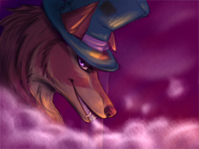 anthro canine clothing female fur hair hat humanoid looking_at_viewer mammal purple_eyes simple_background slikdikmcqwik_(artist) smoke smoker solo teeth top_hat video_games warcraft were werewolf worgen